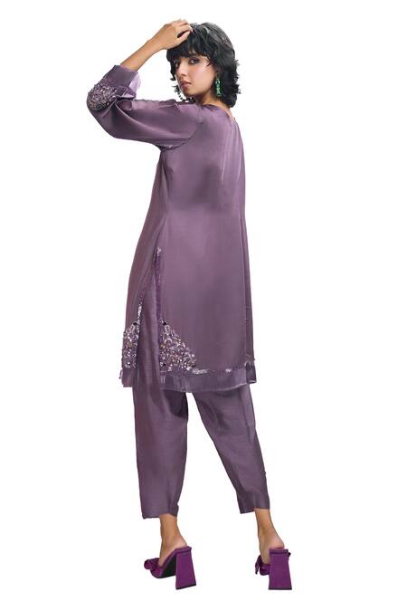 Nirmooha_Purple Modal, Silk Sequins, Beads Round Placement Embroidered Kurta With Pant _at_Aza_Fashions