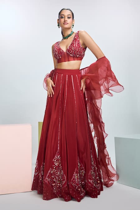 Buy Nirmooha Maroon Organza, Crepe Sequins, Beads V-neck Hand Embroidered Lehenga Set Online at Aza Fashions Buy_Nirmooha_Maroon Organza, Crepe Sequins, Beads V-neck Hand Embroidered Lehenga Set _Online_at_Aza_Fashions