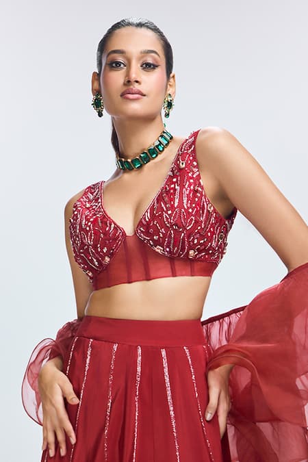 Shop Nirmooha Maroon Organza, Crepe Sequins, Beads V-neck Hand Embroidered Lehenga Set Online at Aza Fashions Shop_Nirmooha_Maroon Organza, Crepe Sequins, Beads V-neck Hand Embroidered Lehenga Set _Online_at_Aza_Fashions