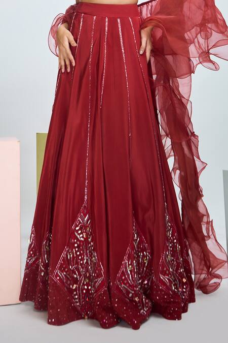 Nirmooha Maroon Organza, Crepe Sequins, Beads V-neck Hand Embroidered Lehenga Set at Aza Fashions Nirmooha_Maroon Organza, Crepe Sequins, Beads V-neck Hand Embroidered Lehenga Set _at_Aza_Fashions