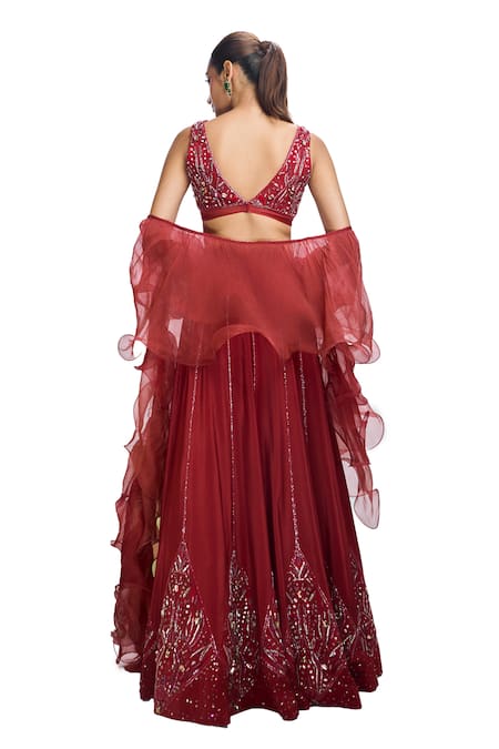 Buy Nirmooha Maroon Organza, Crepe Sequins, Beads V-neck Hand Embroidered Lehenga Set Buy_Nirmooha_Maroon Organza, Crepe Sequins, Beads V-neck Hand Embroidered Lehenga Set