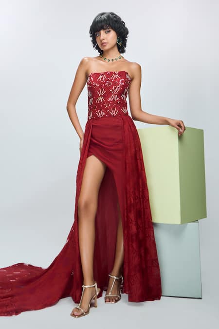 Nirmooha Maroon Chantilly Hand Embroidery Sequins Straight Neck Trail Gown 