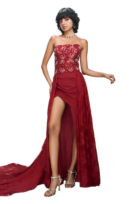 Nirmooha_Maroon Modal, Chiffon Sequins, Beads Bandeau Neck Hand Embroidered Trail Gown _Online_at_Aza_Fashions
