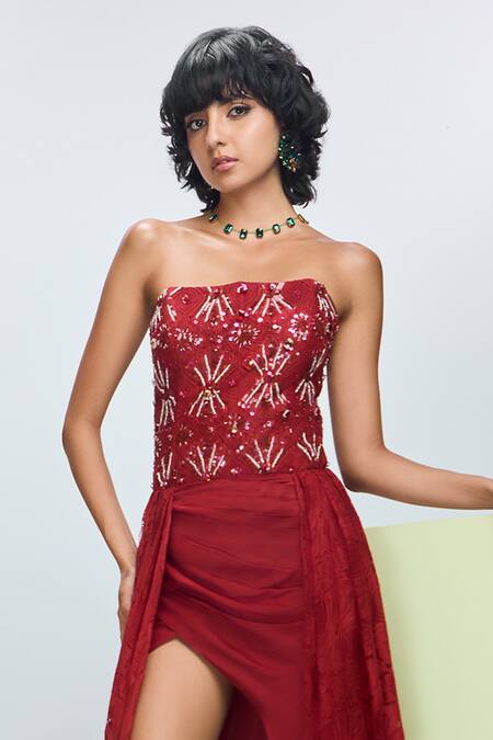 Buy_Nirmooha_Maroon Modal, Chiffon Sequins, Beads Bandeau Neck Hand Embroidered Trail Gown _Online_at_Aza_Fashions