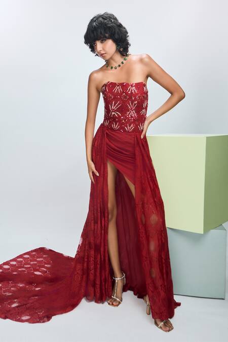 Shop_Nirmooha_Maroon Modal, Chiffon Sequins, Beads Bandeau Neck Hand Embroidered Trail Gown _Online_at_Aza_Fashions