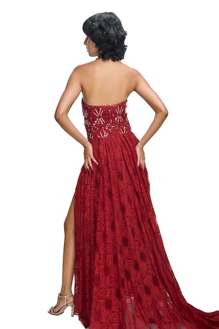 Nirmooha_Maroon Modal, Chiffon Sequins, Beads Bandeau Neck Hand Embroidered Trail Gown _at_Aza_Fashions