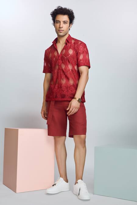 Shop_Nirmooha_Maroon Chiffon Embroidery Chantilly Lace Work Shirt _at_Aza_Fashions