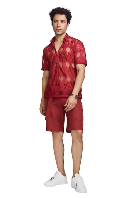 Nirmooha_Maroon Chiffon Embroidery Chantilly Lace Work Shirt _Online_at_Aza_Fashions