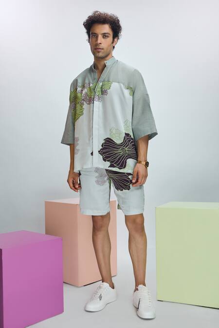 Nirmooha_Grey Modal, Linen Floral Print Shirt _Online_at_Aza_Fashions