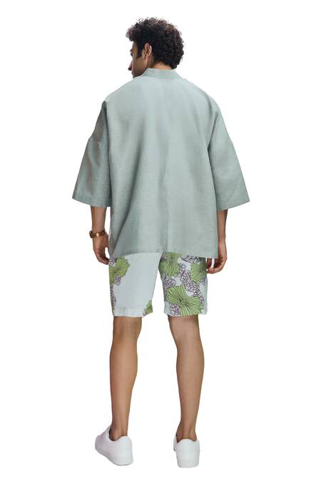 Shop_Nirmooha_Grey Modal, Linen Floral Print Shirt _Online_at_Aza_Fashions