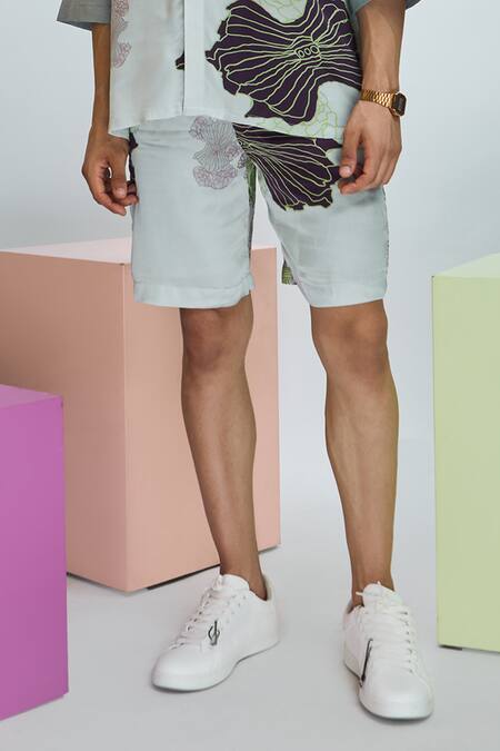 Nirmooha_Grey Modal, Satin Floral Print Shorts _Online_at_Aza_Fashions