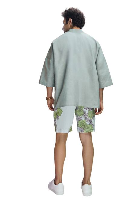 Shop_Nirmooha_Grey Modal, Satin Floral Print Shorts _Online_at_Aza_Fashions