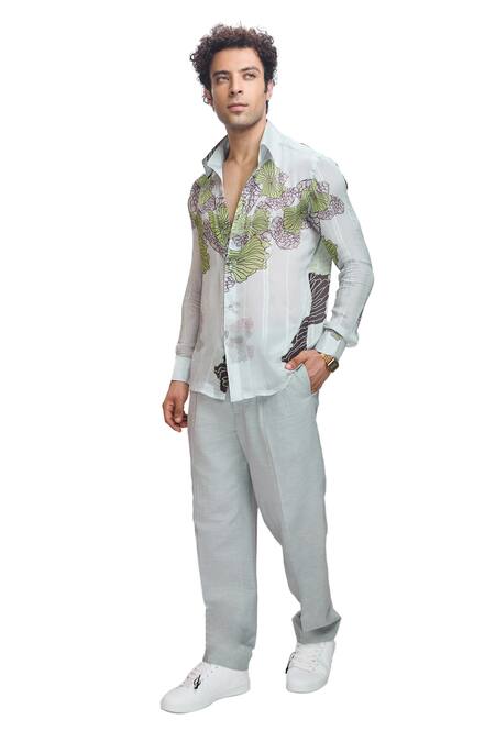 Nirmooha_Grey Linen Straight Fit Pant _Online_at_Aza_Fashions