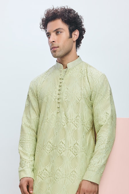 Nirmooha Green Linen Lace Embroidered Kurta With Pajama Online at Aza Fashions Nirmooha_Green Linen Lace Embroidered Kurta With Pajama _Online_at_Aza_Fashions
