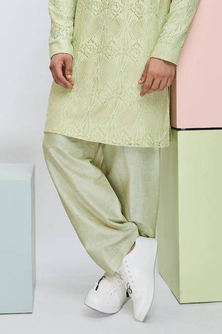 Buy Nirmooha Green Linen Lace Embroidered Kurta With Pajama Online at Aza Fashions Buy_Nirmooha_Green Linen Lace Embroidered Kurta With Pajama _Online_at_Aza_Fashions