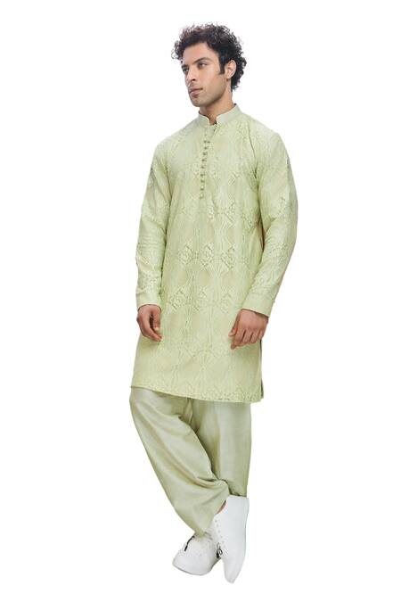 Shop Nirmooha Green Linen Lace Embroidered Kurta With Pajama Online at Aza Fashions Shop_Nirmooha_Green Linen Lace Embroidered Kurta With Pajama _Online_at_Aza_Fashions