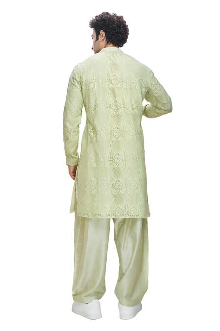 Nirmooha Green Linen Lace Embroidered Kurta With Pajama at Aza Fashions Nirmooha_Green Linen Lace Embroidered Kurta With Pajama _at_Aza_Fashions