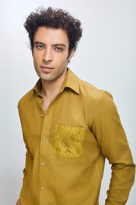 Shop_Nirmooha_Yellow Linen Embroidery Savannah Shirt _Online_at_Aza_Fashions