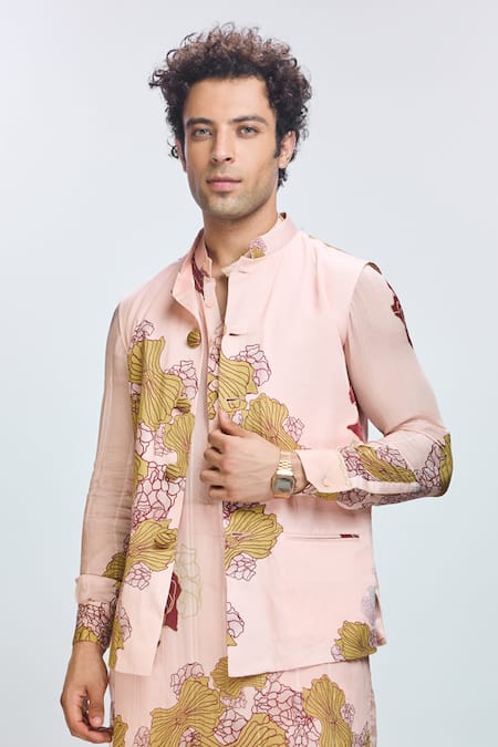 Nirmooha_Peach Modal, Chiffon, Satin Embroidery Floral Print Bundi Kurta Set _Online_at_Aza_Fashions