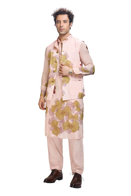 Buy_Nirmooha_Peach Modal, Chiffon, Satin Embroidery Floral Print Bundi Kurta Set _Online_at_Aza_Fashions