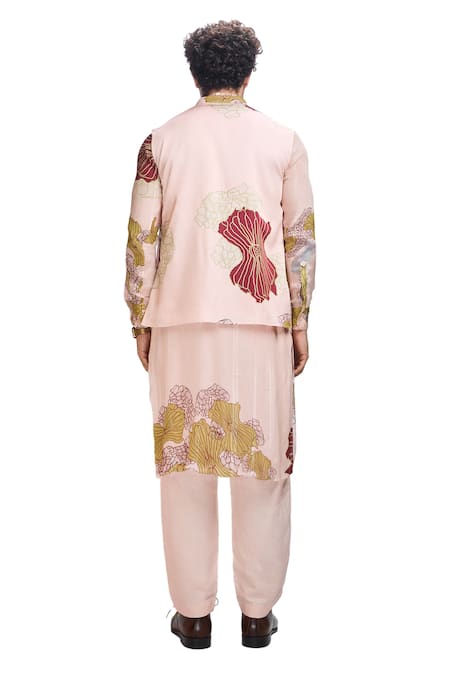 Shop_Nirmooha_Peach Modal, Chiffon, Satin Embroidery Floral Print Bundi Kurta Set _Online_at_Aza_Fashions