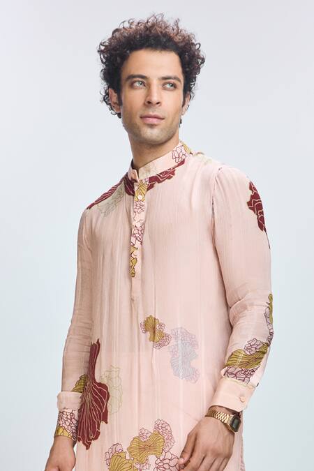 Nirmooha_Peach Modal, Chiffon, Satin Embroidery Floral Print Bundi Kurta Set _at_Aza_Fashions
