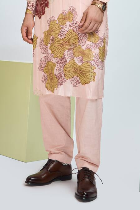 Buy_Nirmooha_Peach Modal, Chiffon, Satin Embroidery Floral Print Bundi Kurta Set 