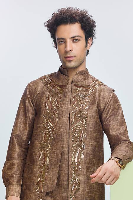 Nirmooha Brown Linen Sequins, Beads Hand Embroidered Bundi Kurta Set Online at Aza Fashions Nirmooha_Brown Linen Sequins, Beads Hand Embroidered Bundi Kurta Set _Online_at_Aza_Fashions