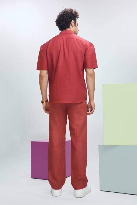 Shop_Nirmooha_Maroon Linen Plain Shirt _at_Aza_Fashions
