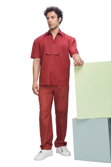 Nirmooha_Maroon Linen Plain Shirt _Online_at_Aza_Fashions