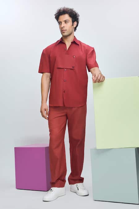Buy_Nirmooha_Maroon Linen Plain Shirt _Online_at_Aza_Fashions