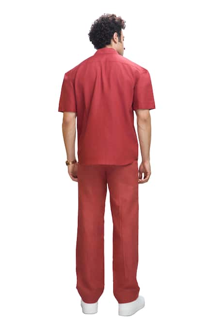 Shop_Nirmooha_Maroon Linen Plain Shirt _Online_at_Aza_Fashions