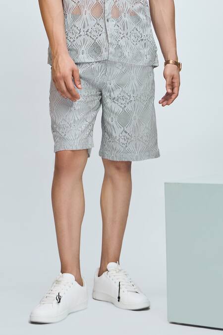 Nirmooha_Grey Chiffon Chantilly Lace Work Shorts _Online_at_Aza_Fashions