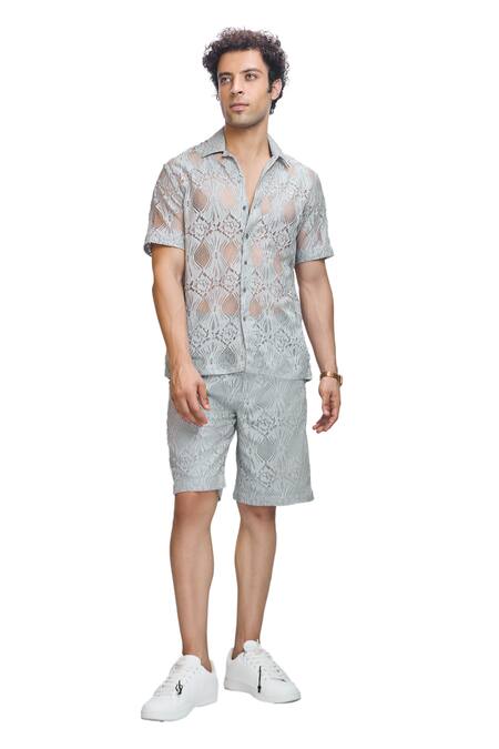 Buy_Nirmooha_Grey Chiffon Chantilly Lace Work Shorts _Online_at_Aza_Fashions