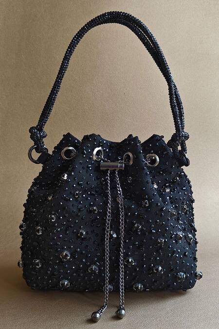 Plode Black Rhinestones, Crystals Embellished Bucket Bag Online at Aza Fashions Plode_Black Rhinestones, Crystals Embellished Bucket Bag _Online_at_Aza_Fashions