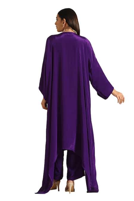 Buy_Wazir C_Purple Crepe Embroidery V-neck Thread Kaftan With Pant _Online_at_Aza_Fashions