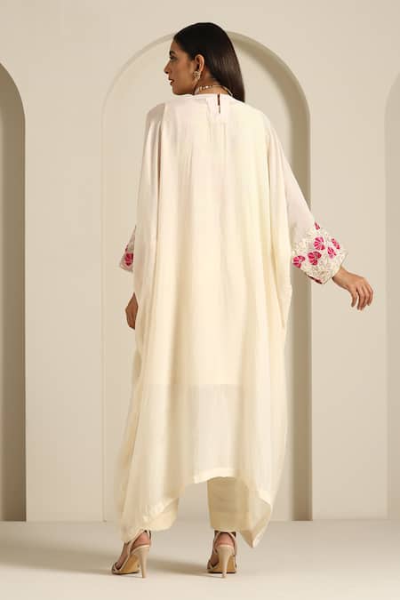 Shop_Wazir C_Off White Muslin, Crepe Embroidery Round Neck Aari Thread Kaftan Pant Set _at_Aza_Fashions