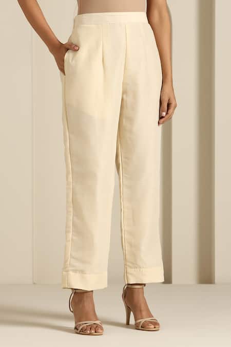 Wazir C_Off White Muslin, Crepe Embroidery Round Neck Aari Thread Kaftan Pant Set _Online_at_Aza_Fashions