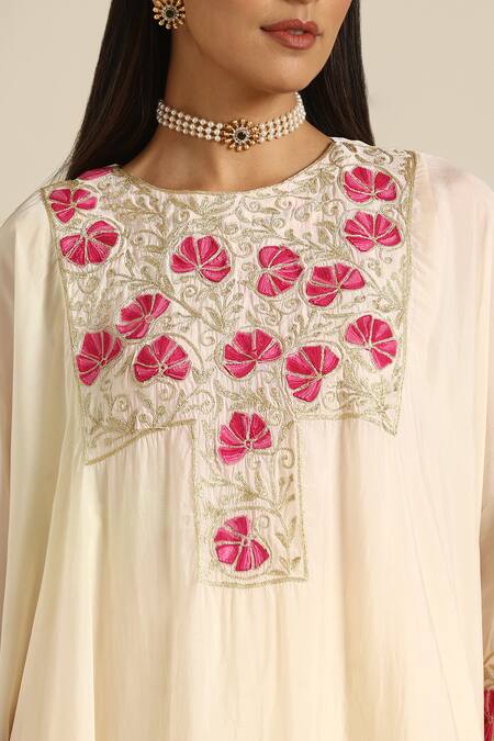 Shop_Wazir C_Off White Muslin, Crepe Embroidery Round Neck Aari Thread Kaftan Pant Set _Online_at_Aza_Fashions