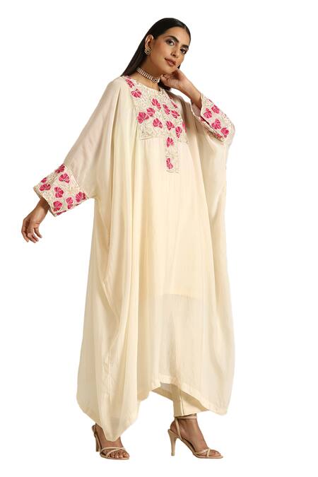 Wazir C Off White Muslin, Crepe Embroidery Round Neck Aari Thread Kaftan Pant Set at Aza Fashions Wazir C_Off White Muslin, Crepe Embroidery Round Neck Aari Thread Kaftan Pant Set _at_Aza_Fashions