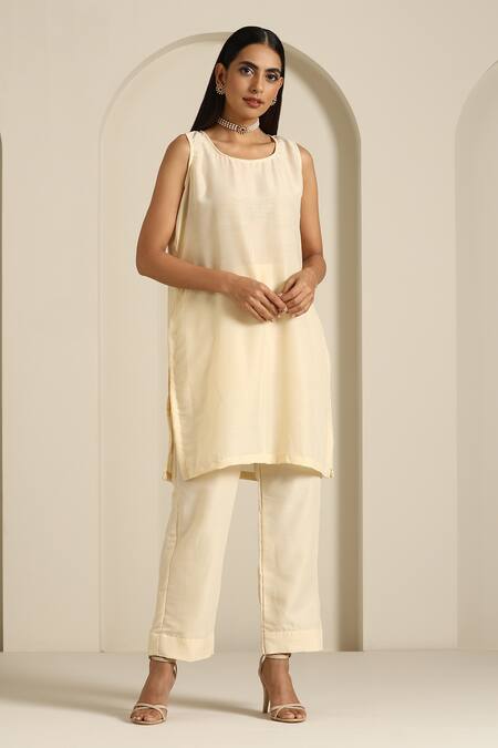 Shop_Wazir C_Off White Muslin, Crepe Embroidery Round Neck Aari Thread Kaftan Pant Set 