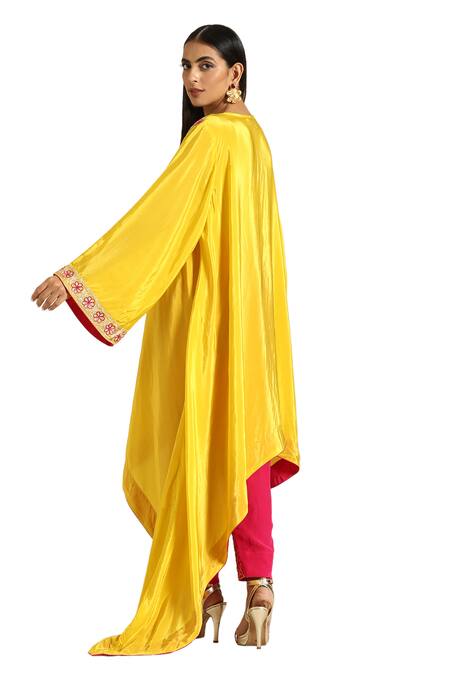 Wazir C_Yellow Crepe Embroidery V-neck Thread Aari Kaftan With Pant _Online_at_Aza_Fashions