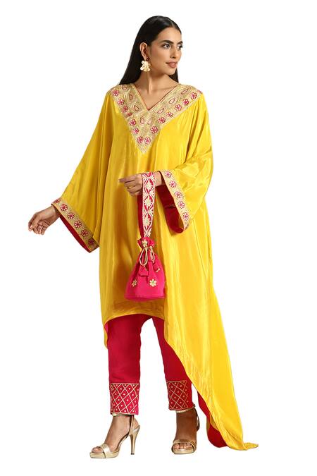 Shop_Wazir C_Yellow Crepe Embroidery V-neck Thread Aari Kaftan With Pant _Online_at_Aza_Fashions