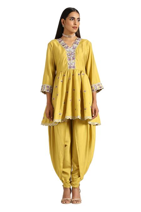 Shop Wazir C Yellow Muslin Embroidery V-neck Thread Aari Peplum Kurta With Dhoti Pant Online at Aza Fashions Shop_Wazir C_Yellow Muslin Embroidery V-neck Thread Aari Peplum Kurta With Dhoti Pant _Online_at_Aza_Fashions