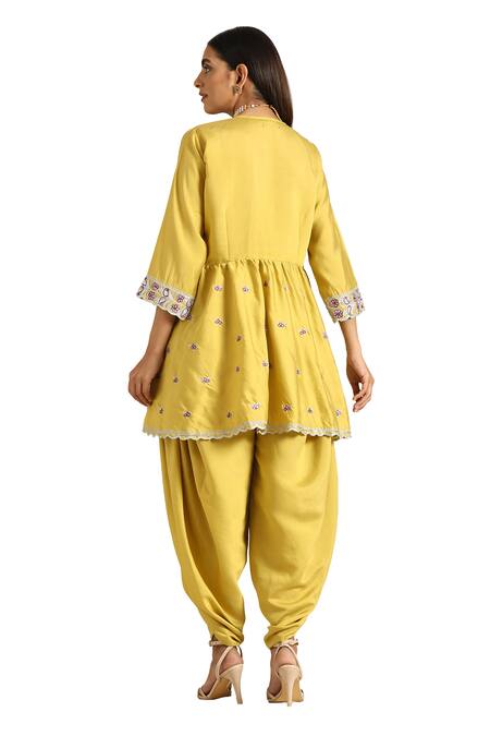 Buy Wazir C Yellow Muslin Embroidery V-neck Thread Aari Peplum Kurta With Dhoti Pant Buy_Wazir C_Yellow Muslin Embroidery V-neck Thread Aari Peplum Kurta With Dhoti Pant