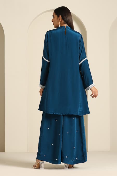 Shop_Wazir C_Blue Crepe Embroidery, Pearls Bandeau Neck Leaf Kurta With Flared Pant _at_Aza_Fashions