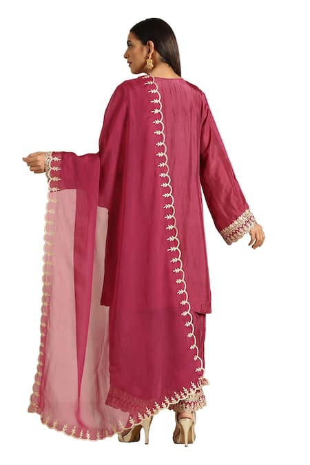 Buy Wazir C Maroon Silk, Organza Embroidery, Tassels Collared Floral Tilla Kurta Pant Set Buy_Wazir C_Maroon Silk, Organza Embroidery, Tassels Collared Floral Tilla Kurta Pant Set