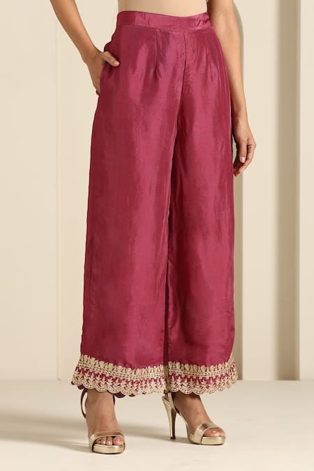 Shop_Wazir C_Maroon Silk, Organza Embroidery, Tassels Collared Floral Tilla Kurta Pant Set 
