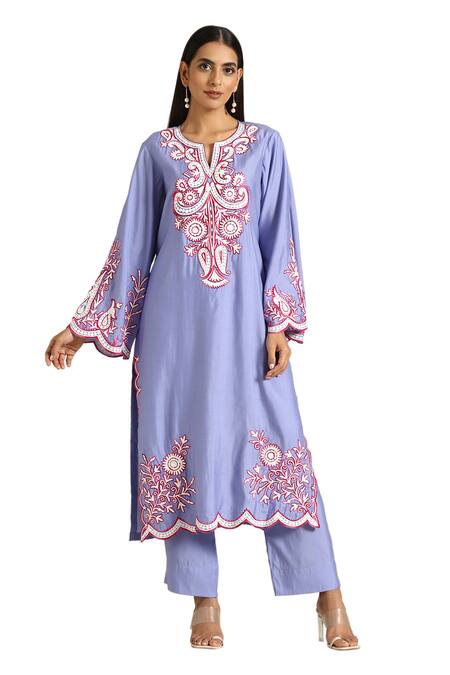 Buy Wazir C Purple Organza, Muslin Embroidery Split V-neck Floral Aari Kurta Pant Set Online at Aza Fashions Buy_Wazir C_Purple Organza, Muslin Embroidery Split V-neck Floral Aari Kurta Pant Set _Online_at_Aza_Fashions
