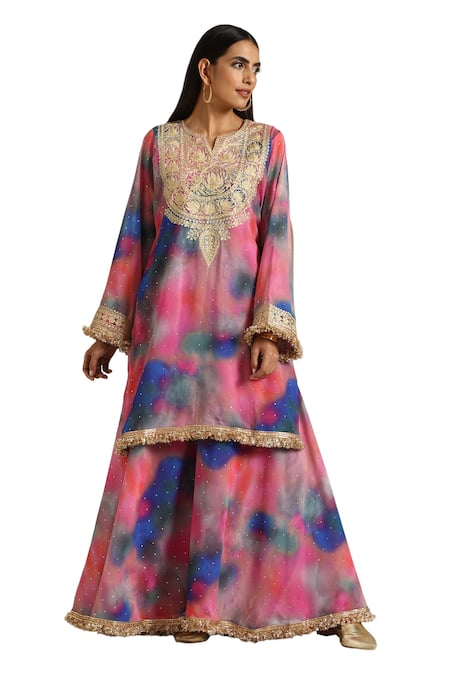 Shop_Wazir C_Multi Color Georgette Embroidery Collared Shaded Kurta Pant Set _Online_at_Aza_Fashions